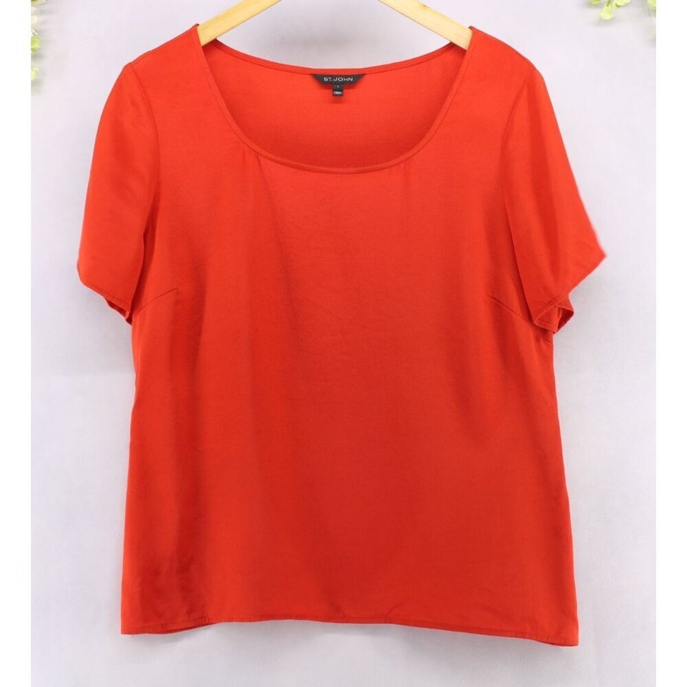 St. John Women's Short Sleeve Round Neck Silk Blouse Side Zip Orange Red Sz L